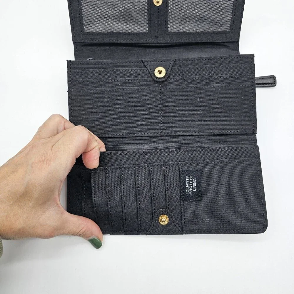 Tahari Tri Fold Wallet Black Faux Leather Credit Card Slots Vintage Snap Button